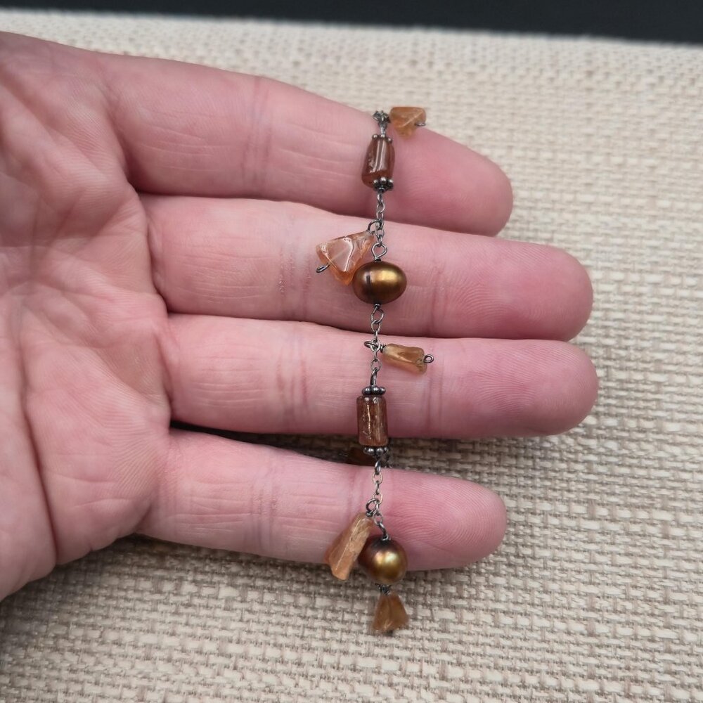 7+1 Inch Sterling Silver Orange Agate And Pearl Tarnished Bracelet A7303 - Picture 3 of 7